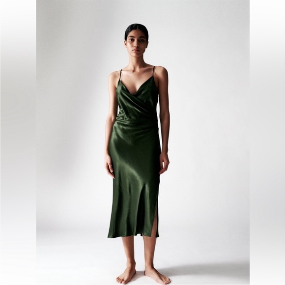 Zara Forest Green faux wrap midi slip dress - Picture 3 of 3